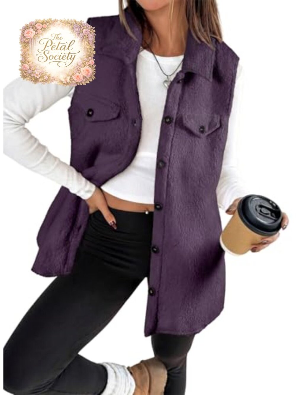 Sherpa Fleece Sleeveless Button Down Long Vest Jacket